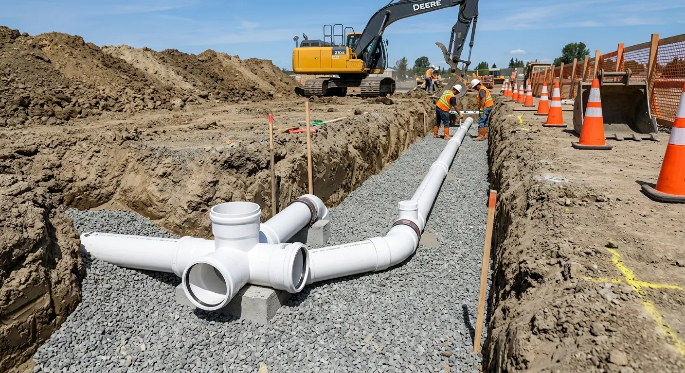 New PVC sewer pipe installation in open trench for Commercial Drain Cleaning in Highland