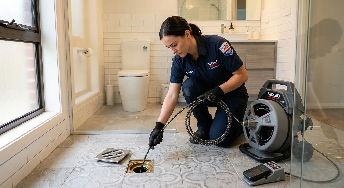Technician clearing a bathroom floor drain for Sewer Line Replacement in Highland